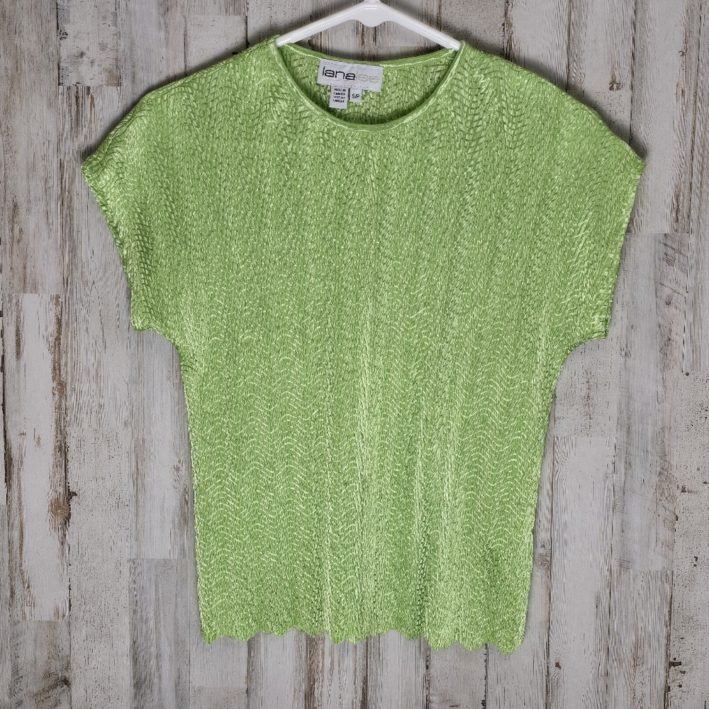 Lana Lee Vintage Bright Green Crinkle Short Sleeve Y2K Scalloped Shirt Small